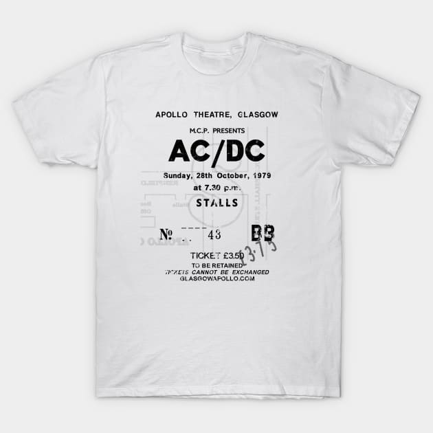 AC-DC Sunday 28th October 1979 Glasgow Apollo UK Tour Ticket Repro Black Text T-Shirt by RockitTees